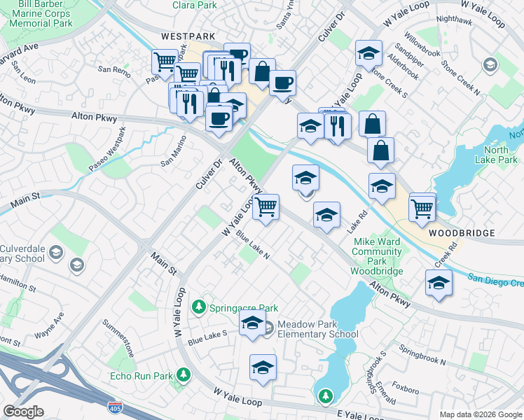 map of restaurants, bars, coffee shops, grocery stores, and more near 20 Thunder Trail in Irvine