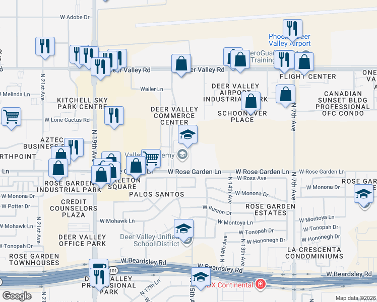 map of restaurants, bars, coffee shops, grocery stores, and more near 1520 West Rose Garden Lane in Phoenix