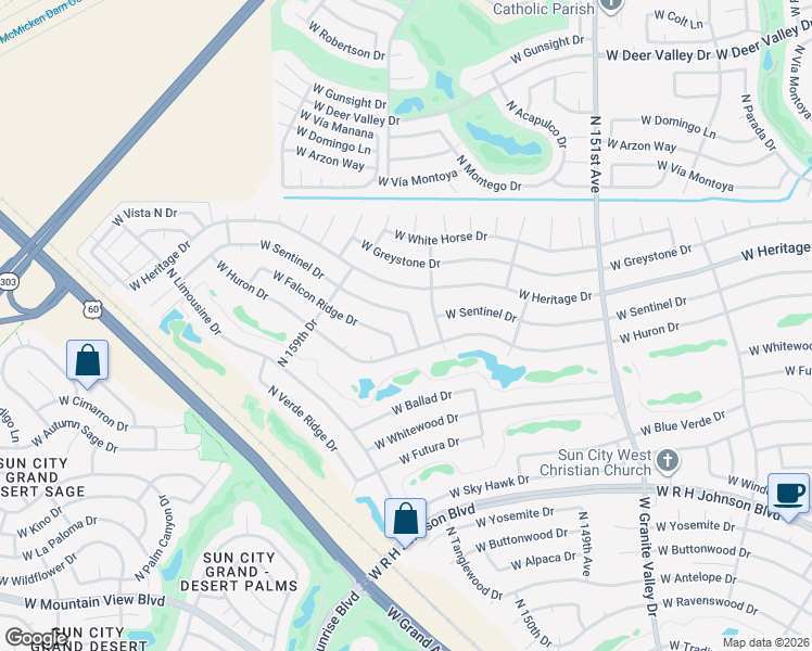 map of restaurants, bars, coffee shops, grocery stores, and more near 21416 North 157th Drive in Sun City West