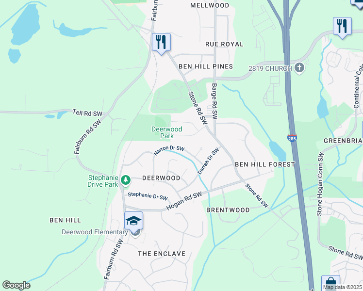 map of restaurants, bars, coffee shops, grocery stores, and more near 3699 Narron Drive Southwest in Atlanta