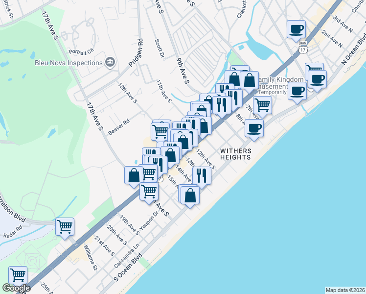 map of restaurants, bars, coffee shops, grocery stores, and more near 1206 South Kings Highway in Myrtle Beach