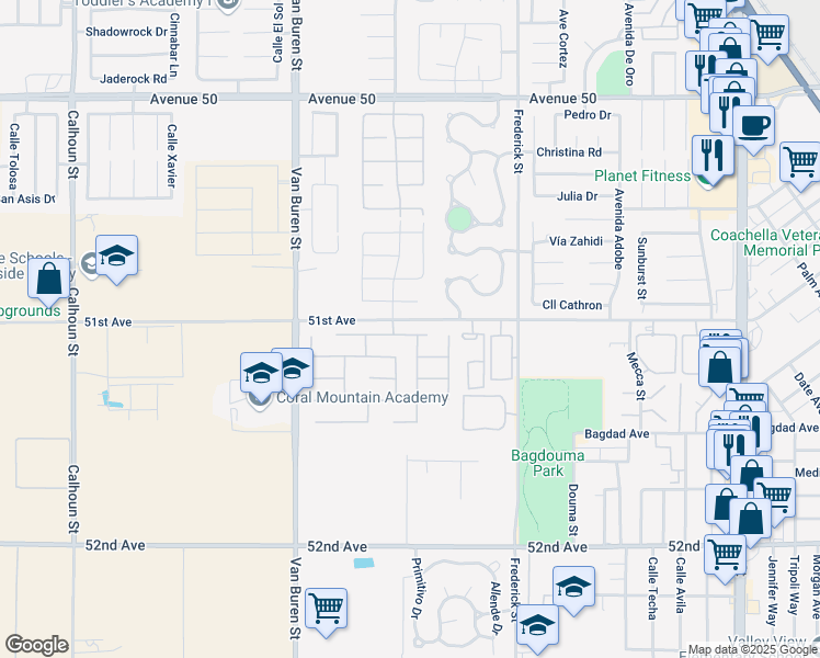 map of restaurants, bars, coffee shops, grocery stores, and more near 84262 La Jolla Avenue in Coachella