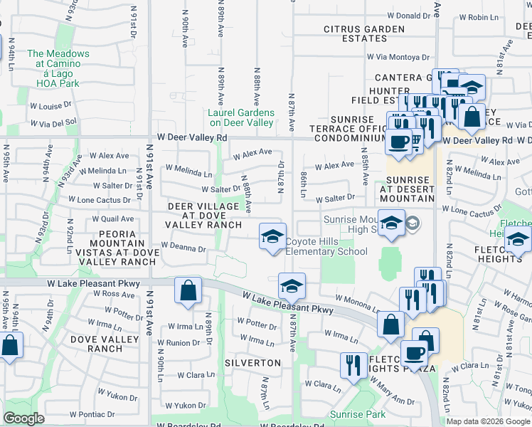 map of restaurants, bars, coffee shops, grocery stores, and more near 8756 West Adam Avenue in Peoria