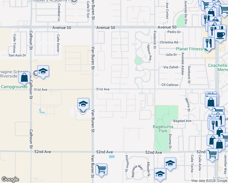 map of restaurants, bars, coffee shops, grocery stores, and more near 84168 La Jolla Avenue in Coachella