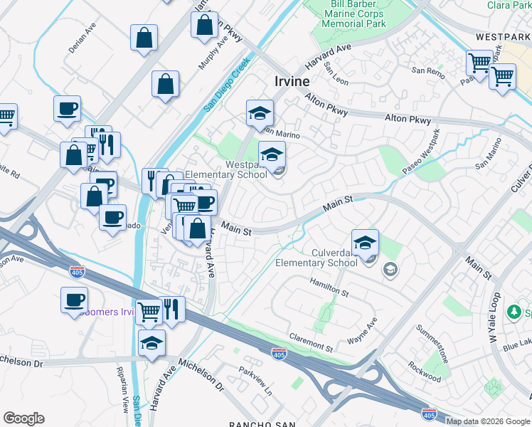 map of restaurants, bars, coffee shops, grocery stores, and more near 7 Galanto in Irvine