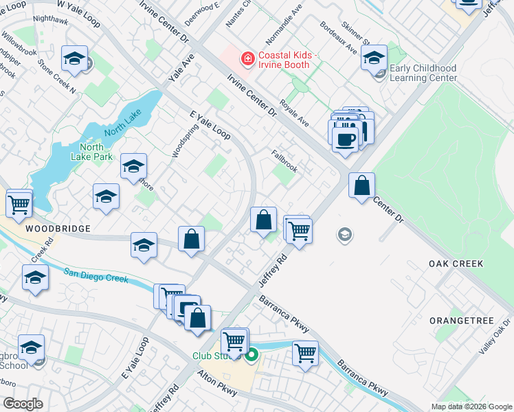 map of restaurants, bars, coffee shops, grocery stores, and more near 109 East Yale Loop in Irvine