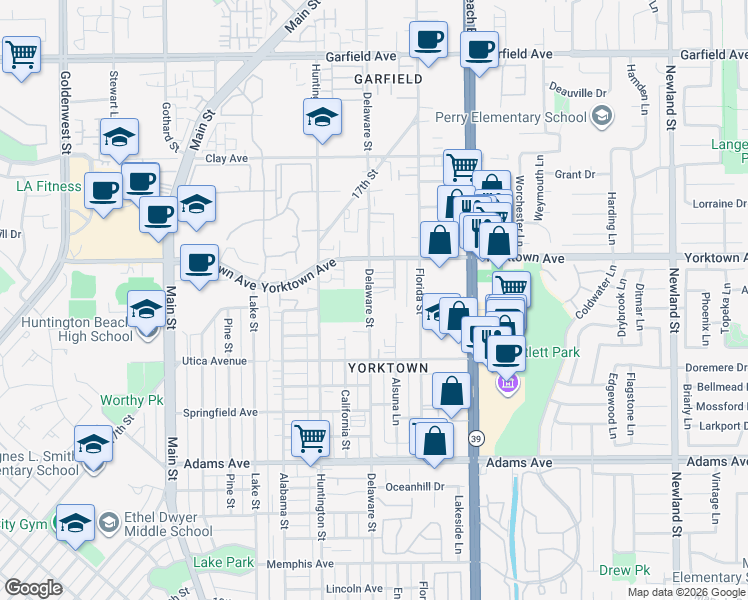 map of restaurants, bars, coffee shops, grocery stores, and more near 2312 Delaware Street in Huntington Beach