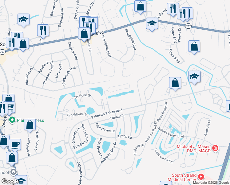 map of restaurants, bars, coffee shops, grocery stores, and more near 414 Wallingford Circle in Myrtle Beach