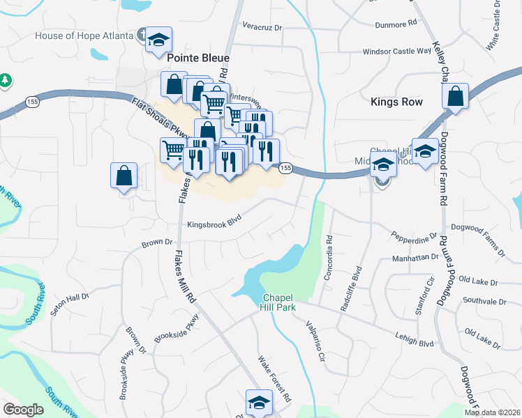 map of restaurants, bars, coffee shops, grocery stores, and more near 3981 Kingsbrook Boulevard in Decatur