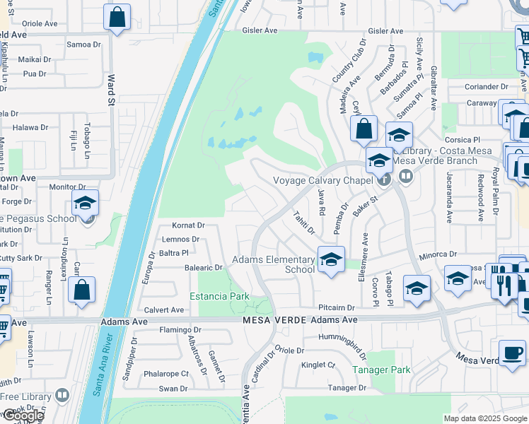 map of restaurants, bars, coffee shops, grocery stores, and more near 3005 Club House Circle in Costa Mesa