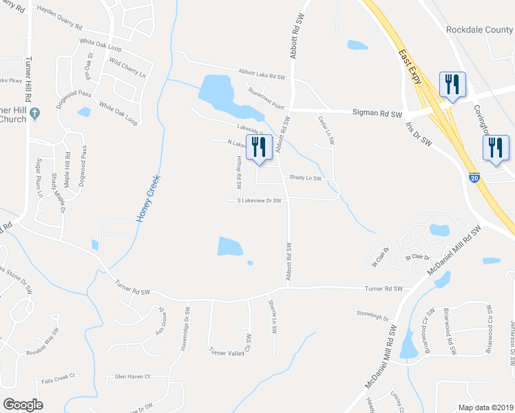 map of restaurants, bars, coffee shops, grocery stores, and more near 2666 South Lakeview Drive Southwest in Conyers