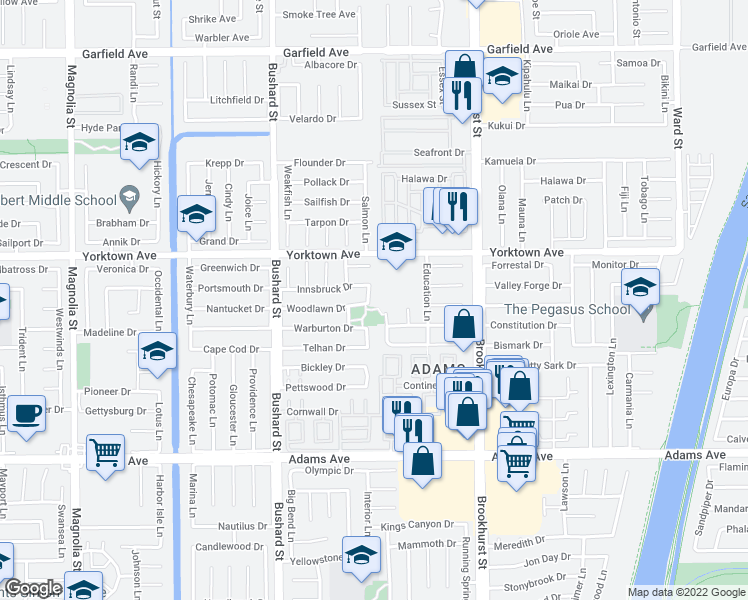 map of restaurants, bars, coffee shops, grocery stores, and more near 19602 Tibbett Lane in Huntington Beach