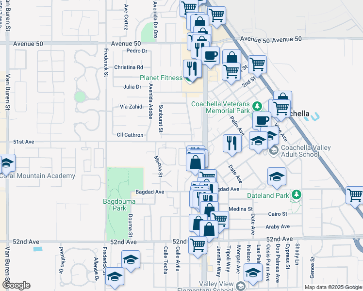 map of restaurants, bars, coffee shops, grocery stores, and more near 201k 51st Avenue in Coachella