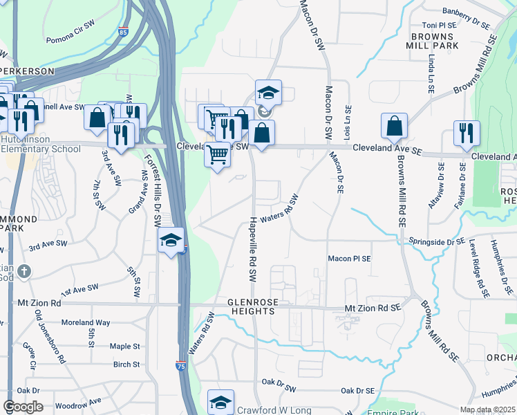 map of restaurants, bars, coffee shops, grocery stores, and more near 2828 Hapeville Road Southwest in Atlanta