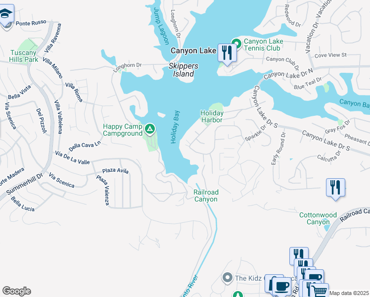 map of restaurants, bars, coffee shops, grocery stores, and more near 22001 Loch Lomond Drive in Canyon Lake