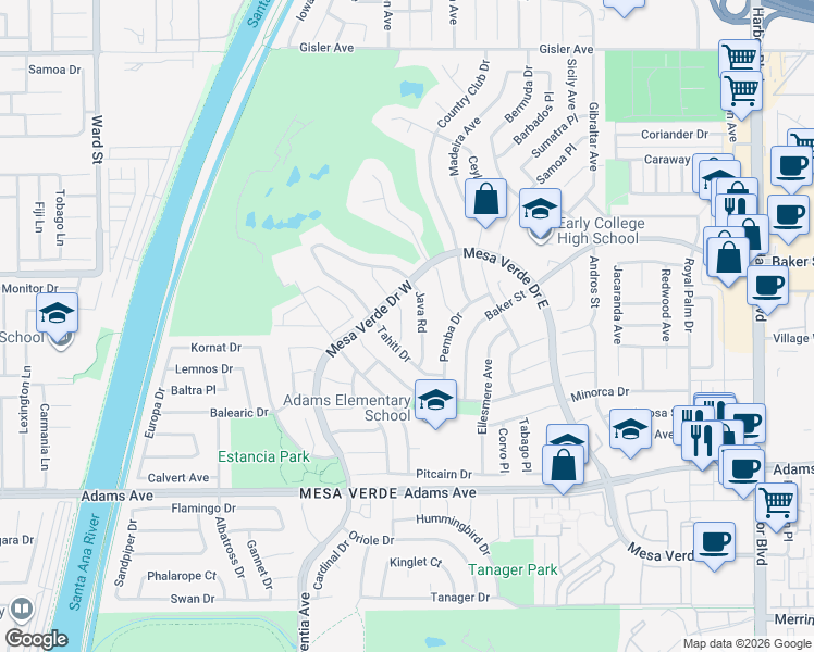 map of restaurants, bars, coffee shops, grocery stores, and more near 2947 Java Road in Costa Mesa