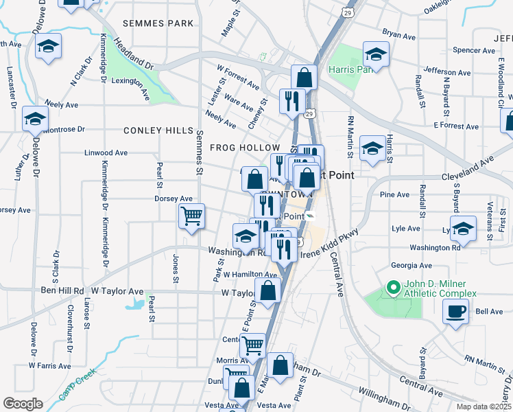 map of restaurants, bars, coffee shops, grocery stores, and more near 2834 Church Street in Atlanta