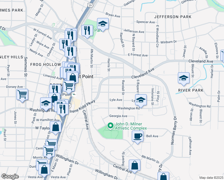 map of restaurants, bars, coffee shops, grocery stores, and more near 1413 Gus Thornhill in East Point