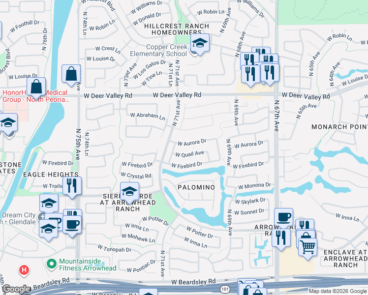 map of restaurants, bars, coffee shops, grocery stores, and more near 6999 West Aurora Drive in Glendale