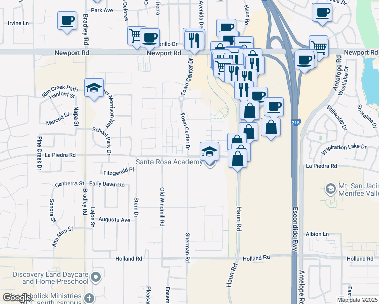 map of restaurants, bars, coffee shops, grocery stores, and more near 30476 Cleary Street in Menifee