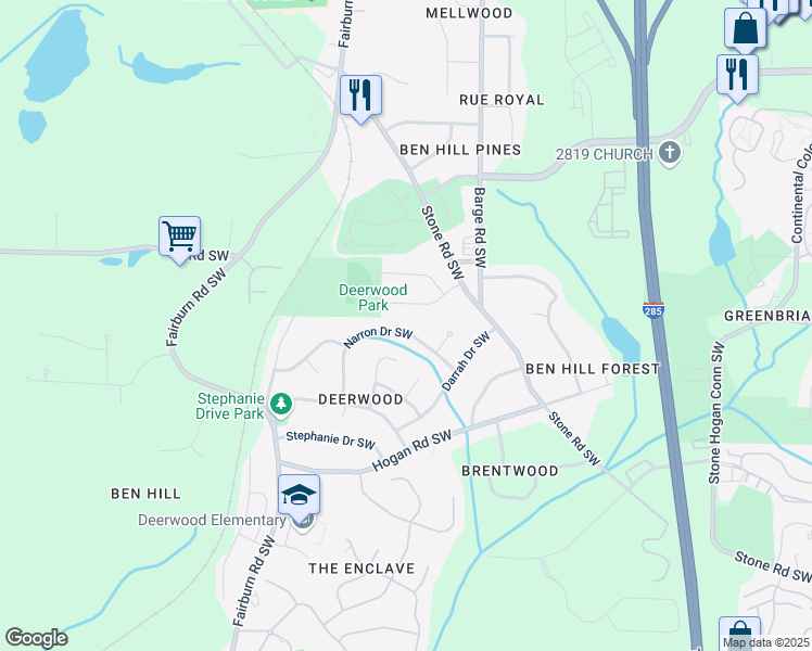 map of restaurants, bars, coffee shops, grocery stores, and more near 3715 Narron Drive Southwest in Atlanta