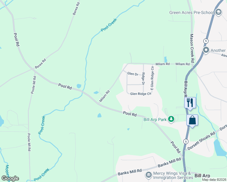 map of restaurants, bars, coffee shops, grocery stores, and more near 7375 Milam Road in Winston