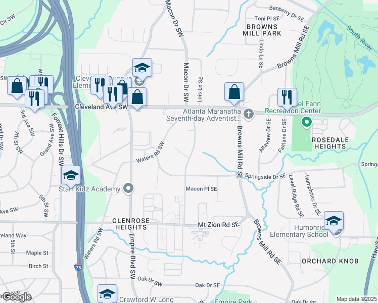 map of restaurants, bars, coffee shops, grocery stores, and more near 2805 Macon Drive Southeast in Hapeville