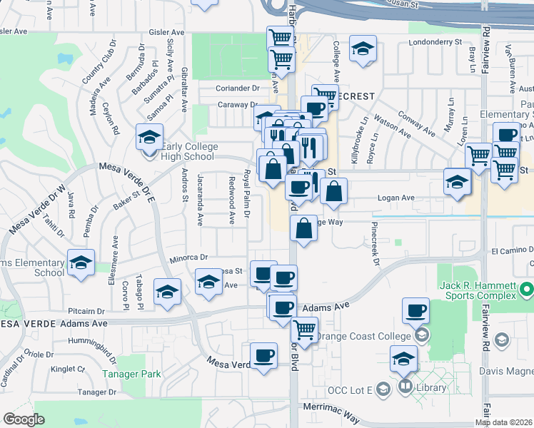 map of restaurants, bars, coffee shops, grocery stores, and more near 2940 Peppertree Lane in Costa Mesa