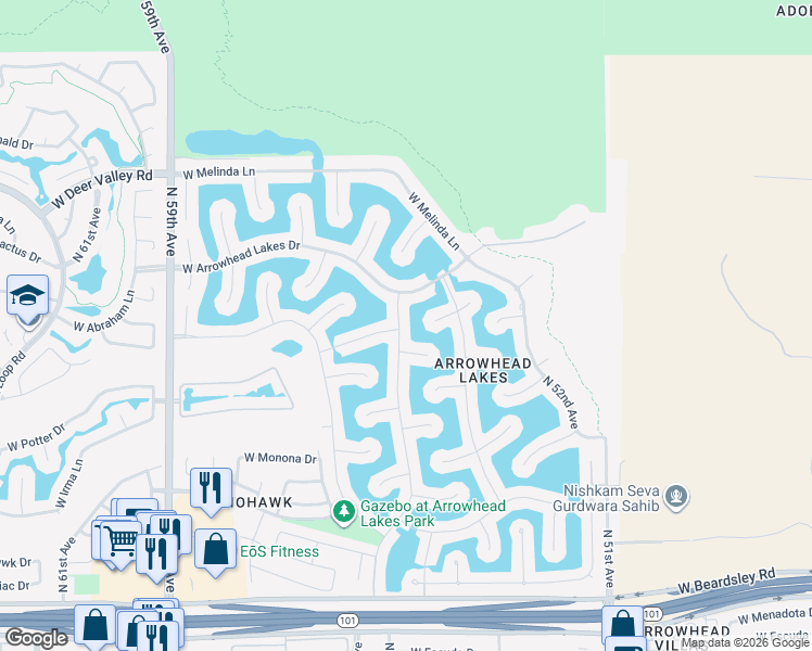 map of restaurants, bars, coffee shops, grocery stores, and more near 21409 North 55th Avenue in Glendale