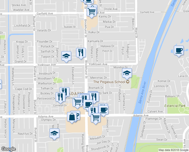 map of restaurants, bars, coffee shops, grocery stores, and more near 10091 Merrimac Drive in Huntington Beach