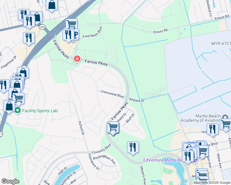 map of restaurants, bars, coffee shops, grocery stores, and more near 1947 Cresswind Boulevard in Myrtle Beach