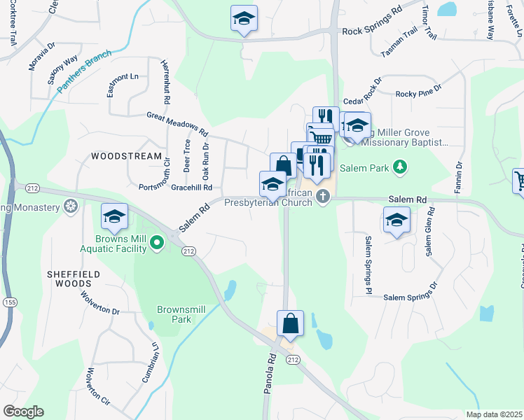 map of restaurants, bars, coffee shops, grocery stores, and more near 5071 Salem Road in Stonecrest