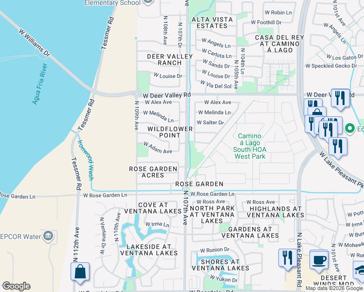 map of restaurants, bars, coffee shops, grocery stores, and more near 21375 North 107th Drive in Sun City