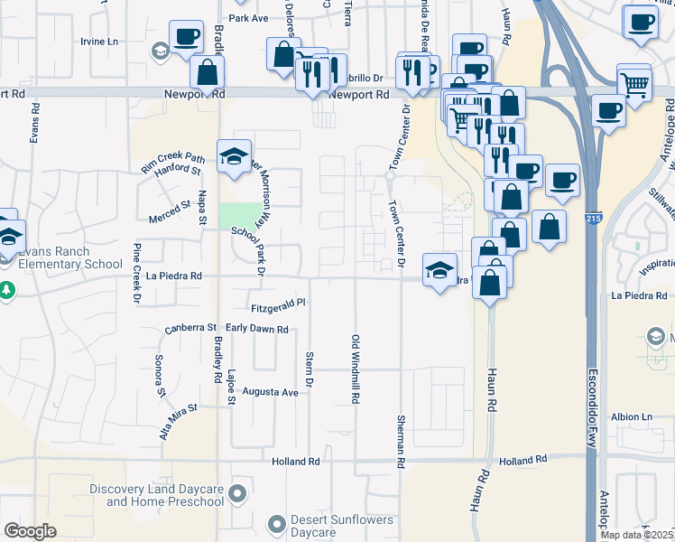 map of restaurants, bars, coffee shops, grocery stores, and more near 30525 Old Windmill Road in Menifee