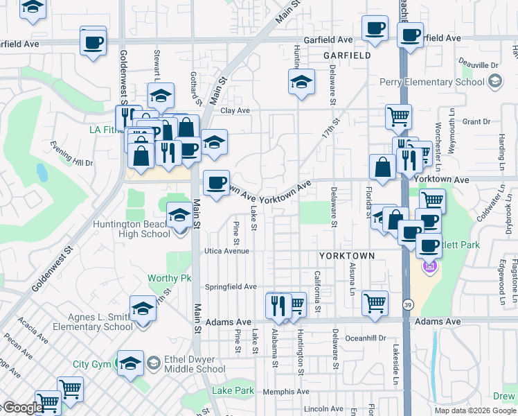 map of restaurants, bars, coffee shops, grocery stores, and more near 1978 Lake Street in Huntington Beach