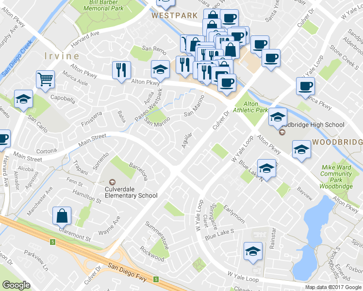 map of restaurants, bars, coffee shops, grocery stores, and more near 5 Aguilar in Irvine