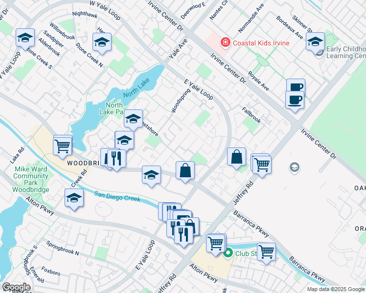 map of restaurants, bars, coffee shops, grocery stores, and more near 36 Shearwater in Irvine