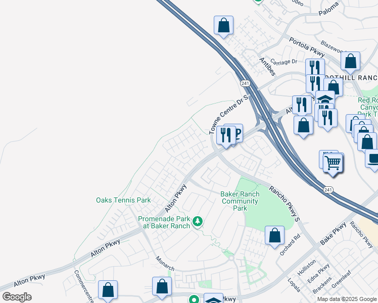 map of restaurants, bars, coffee shops, grocery stores, and more near 26 Prominence in Lake Forest