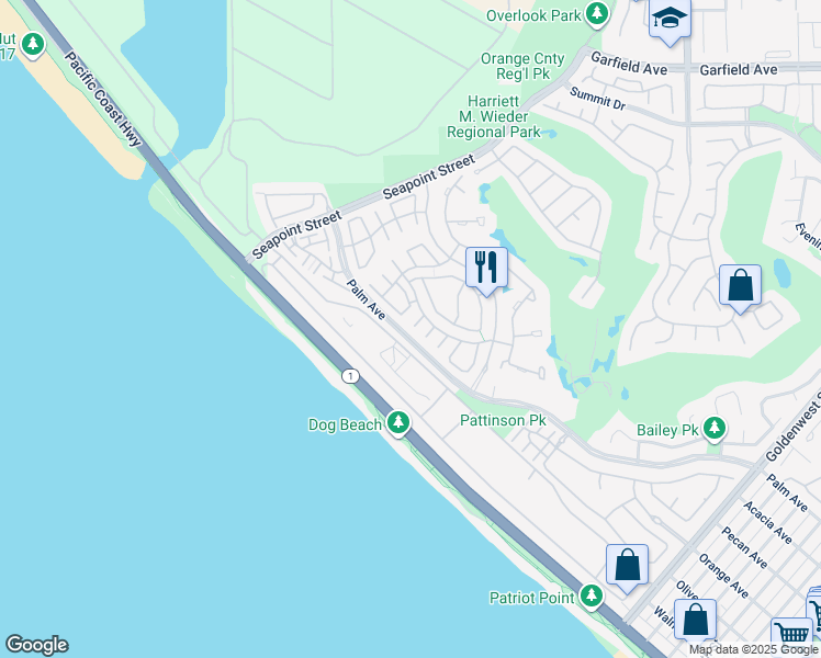 map of restaurants, bars, coffee shops, grocery stores, and more near 6021 Shadowbrook Circle in Huntington Beach