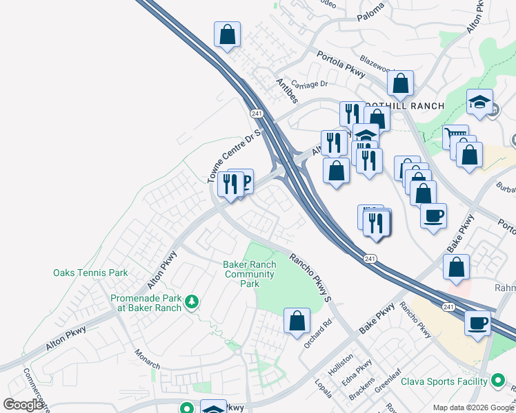 map of restaurants, bars, coffee shops, grocery stores, and more near 300 Sunflower in Lake Forest