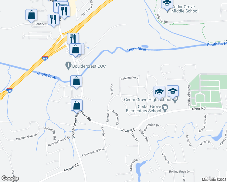 map of restaurants, bars, coffee shops, grocery stores, and more near 3584 Orbit Court in Ellenwood