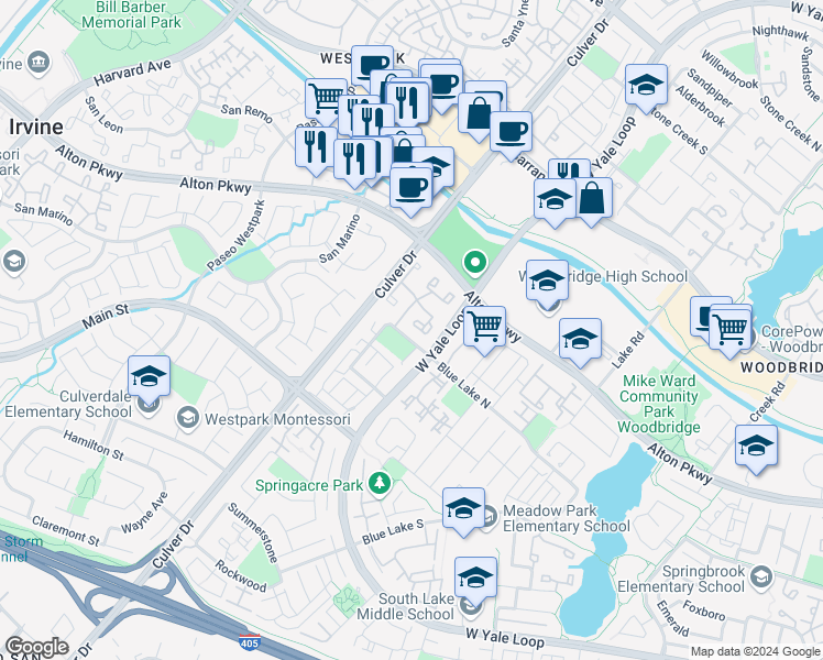 map of restaurants, bars, coffee shops, grocery stores, and more near 32 Greenfield in Irvine