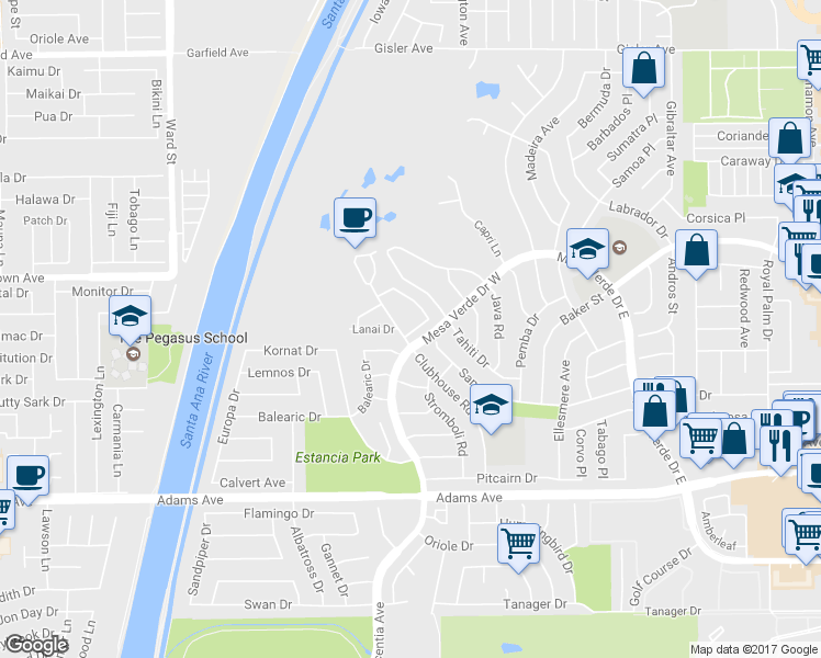 map of restaurants, bars, coffee shops, grocery stores, and more near 3007 Club House Circle in Costa Mesa
