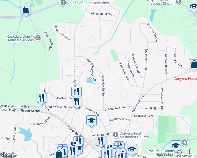 map of restaurants, bars, coffee shops, grocery stores, and more near 1290 Knoll Court Northwest in Conyers