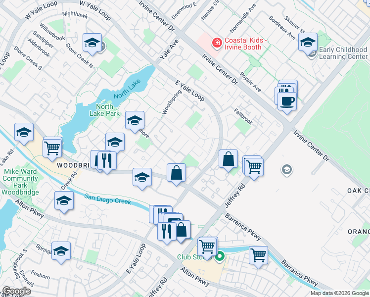 map of restaurants, bars, coffee shops, grocery stores, and more near 18 Woodsorrel in Irvine