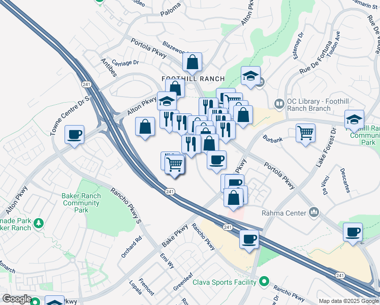 map of restaurants, bars, coffee shops, grocery stores, and more near 26582 Towne Centre Drive in Lake Forest