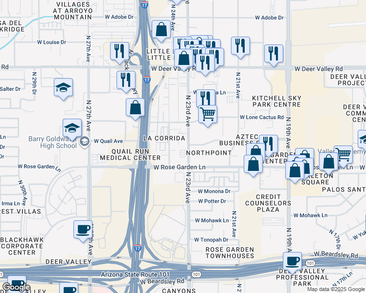 map of restaurants, bars, coffee shops, grocery stores, and more near 21050 North 23rd Avenue in Phoenix