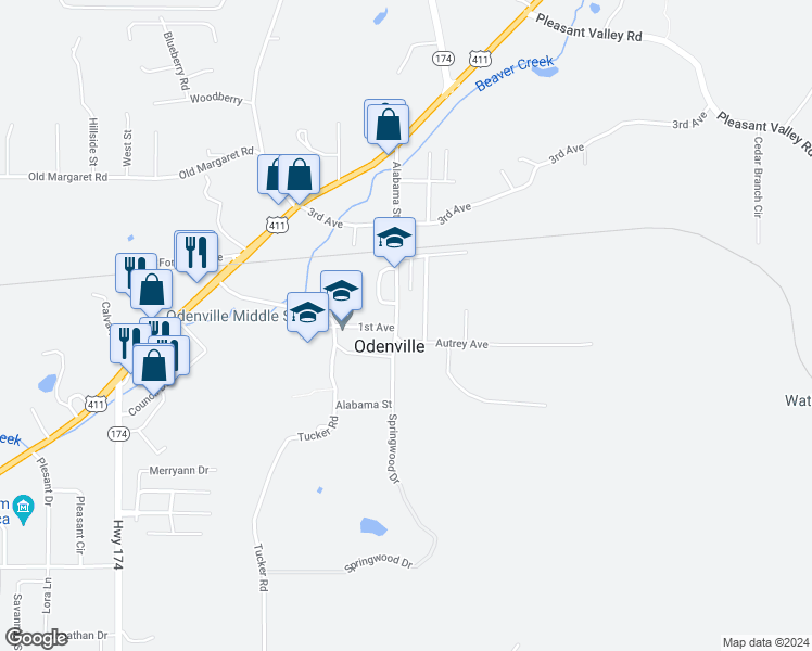 map of restaurants, bars, coffee shops, grocery stores, and more near 397 Alabama Street in Odenville