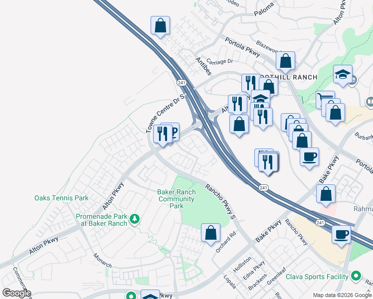map of restaurants, bars, coffee shops, grocery stores, and more near 514 Sunflower in Lake Forest