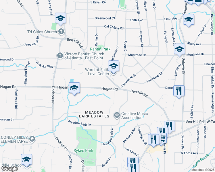 map of restaurants, bars, coffee shops, grocery stores, and more near 2465 Hogan Road in East Point